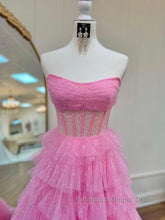 A Line Strapless Corset Glitter Tulle Semi Formal Dresses with Ruffles